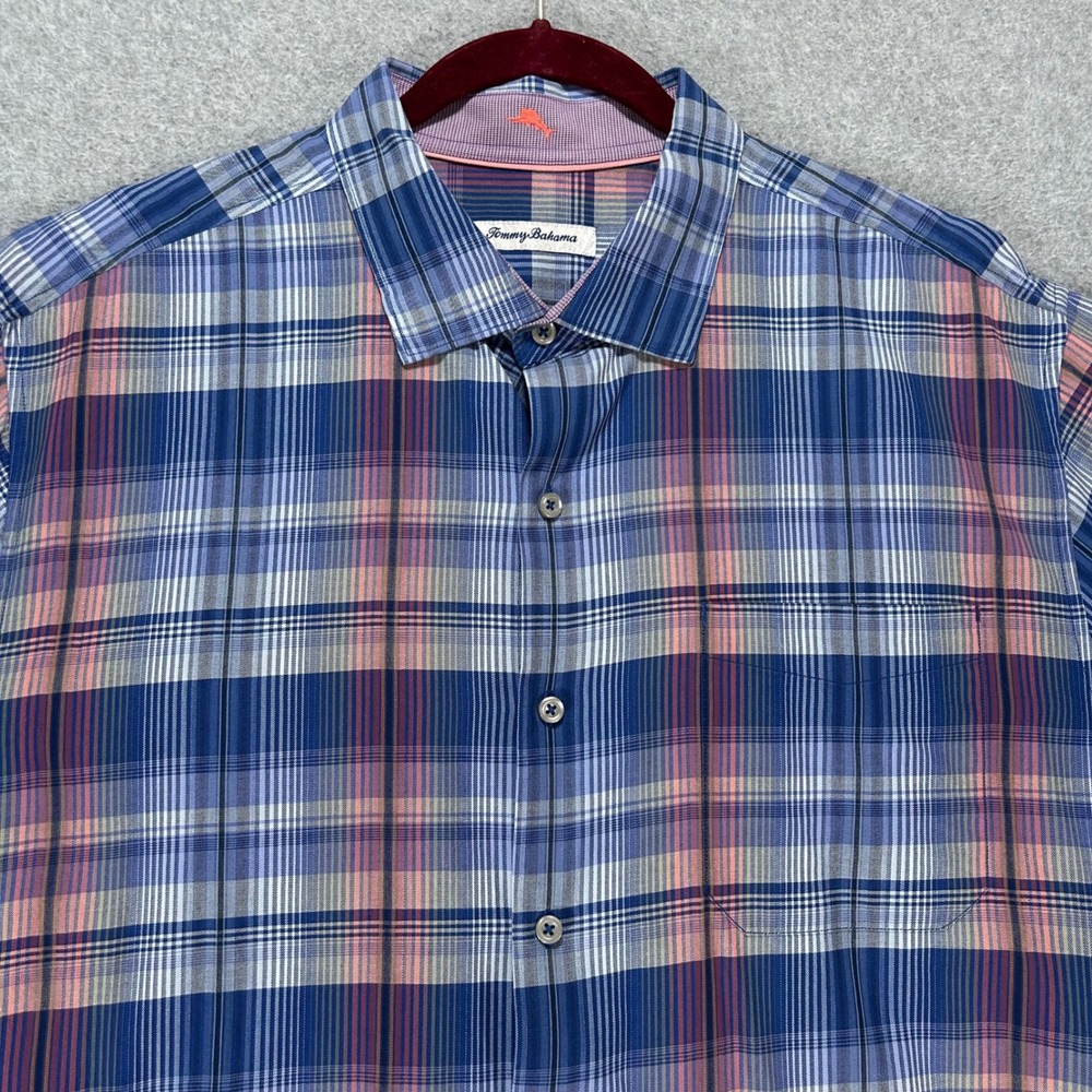 Tommy Bahama Button Down Shirt Mens XL Blue Pink Cotton Silk Blend Coastal